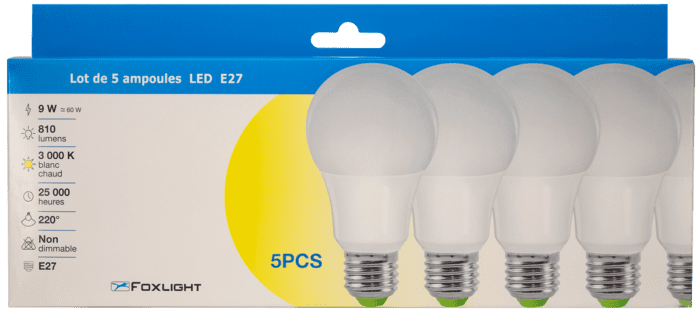 Lot de 5 Ampoules LED - 9W - E27 - 3000 K – Image 2