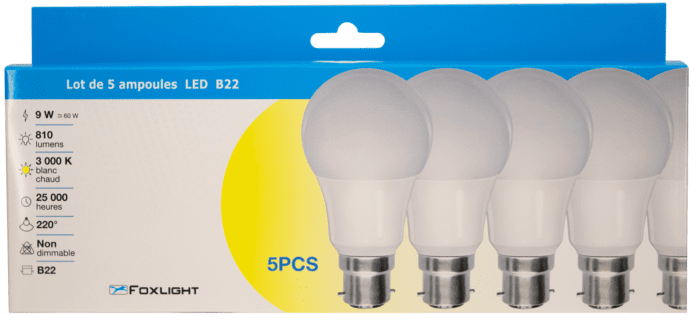 Lot de 5 Ampoules LED – 9W – B22 – 3000 K – Image 2